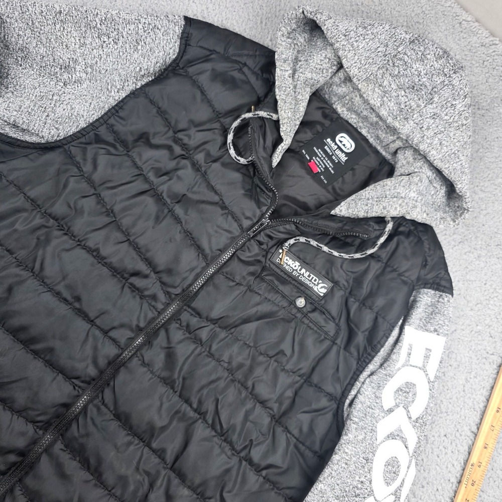 Ecko Unltd Puffer Hoodie‎ Jacket Mens 2XL Black Gray Quilted Mixed Media Zip Y2K